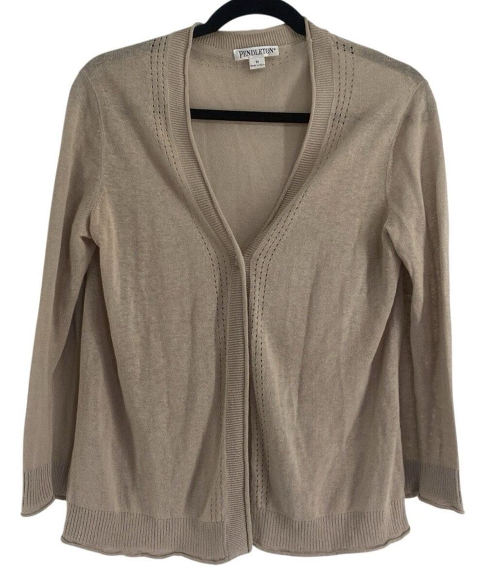 Pendleton Button Front Knit Cardigan M Linen Blend Beige Layering Cottage Cozy
